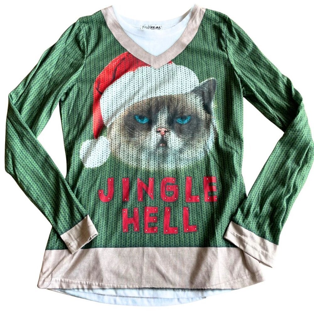 Faux Real Grumpy Cat Jingle Hell V-Neck - Size Large